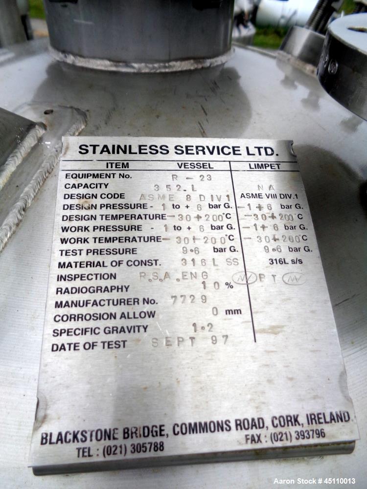 Used- Stainless Service Ltd. Reactor, Approximately 93 gallons