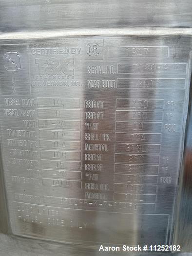 Used T&C Stainless 1,400 Liter (370 Gallon) 316L Stainless Steel Agitated Reacto