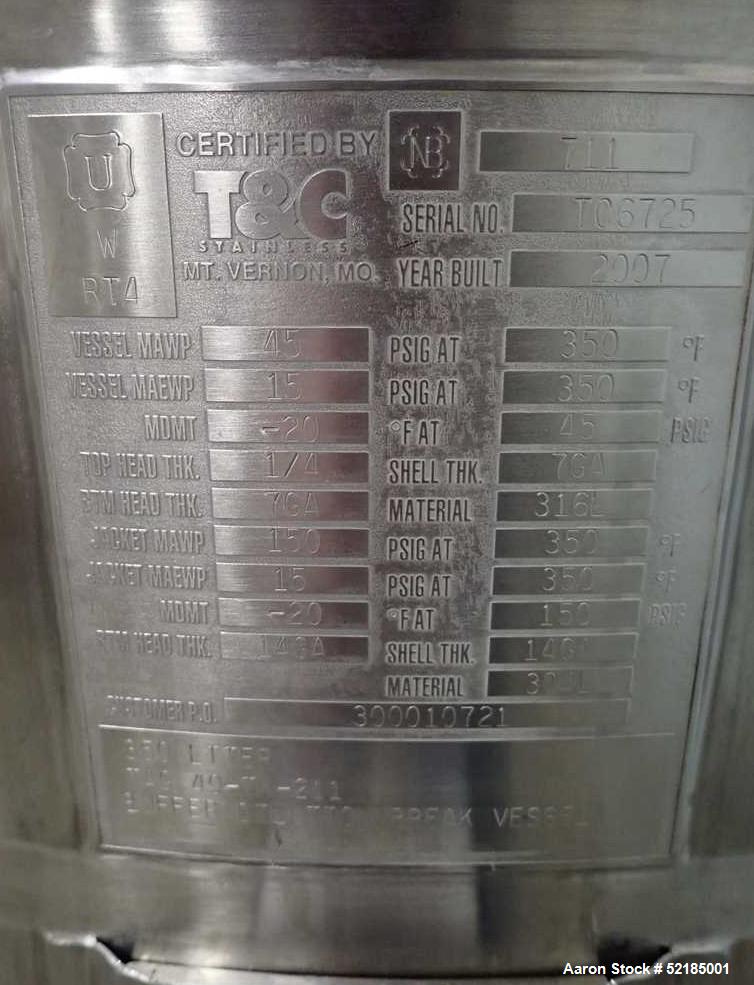 Used T & C Stainless 350 Liter (92.5 Gal) Reactor, 316L Stainless Steel, Vertic