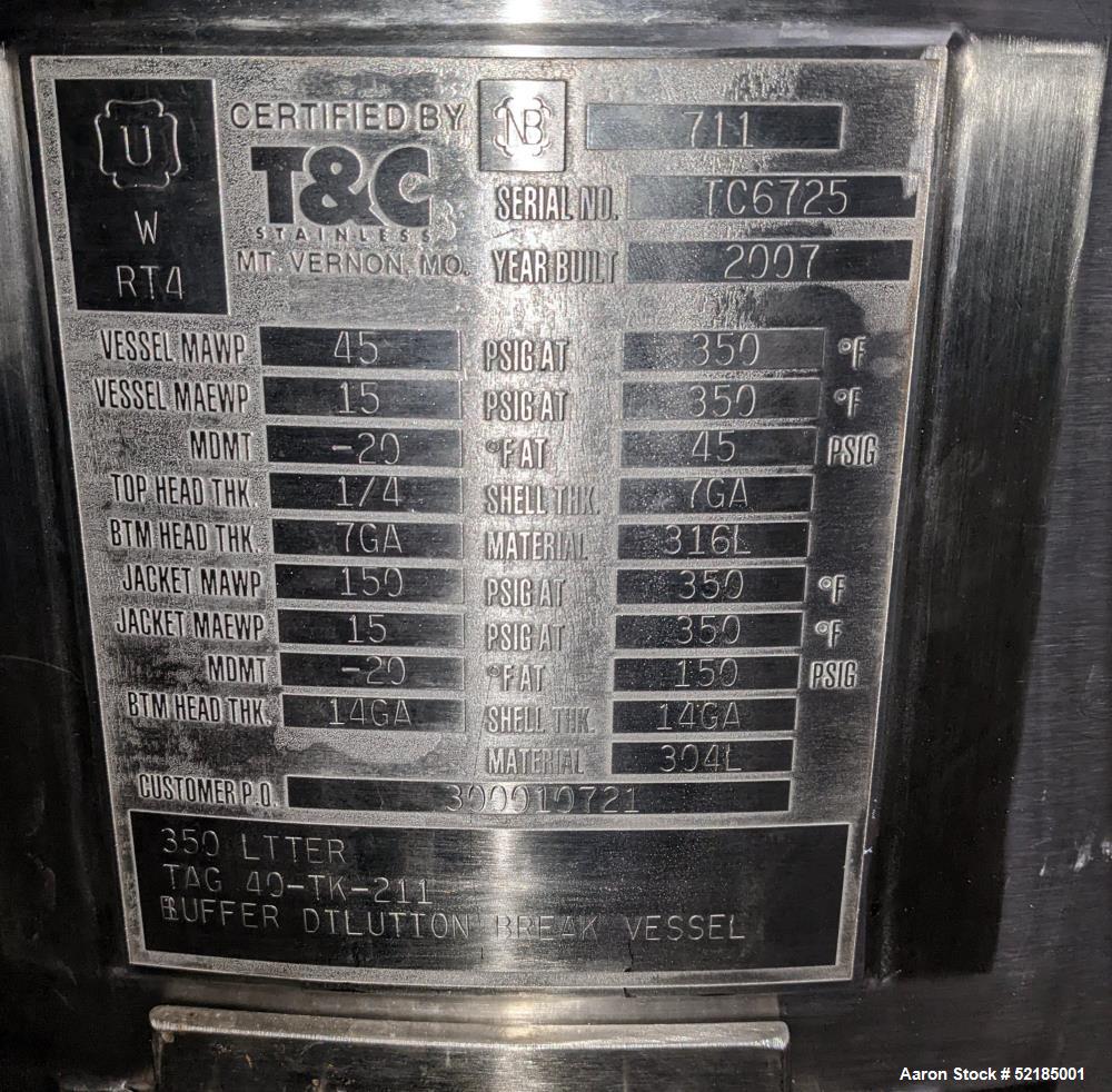 Used- T & C Stainless 350 Liter (92.5 Gal) Reactor, 316L Stainless Steel, Vertic