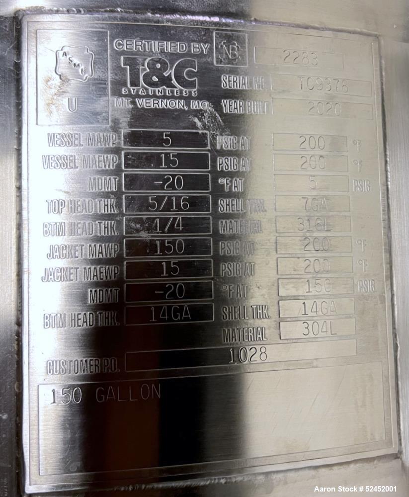 Used T&C Agitated Reactor, 150 Gallon, 316 L Stainless steel.