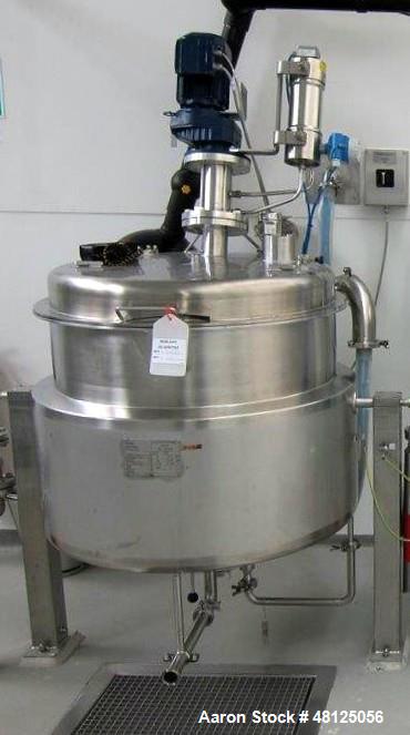 Used 300 liter HM Rustfri kettle, stainless steel construction, jacketed for 2.7 bar(39 psi at 150 c, top entering .75 kw Ekato agitator, model FGL-25D, on 2 legs, serial# FS-1210B, built 2011.