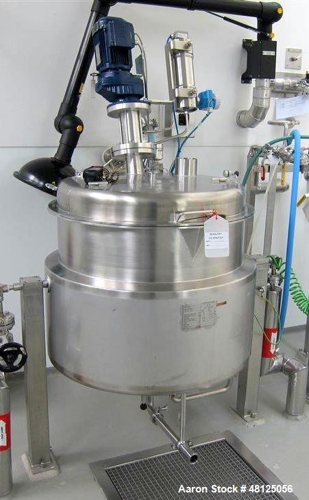 Used 300 liter HM Rustfri kettle, stainless steel construction, jacketed for 2.7 bar(39 psi at 150 c, top entering .75 kw Ekato agitator, model FGL-25D, on 2 legs, serial# FS-1210B, built 2011.