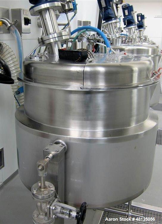 Used 300 liter HM Rustfri kettle, stainless steel construction, jacketed for 2.7 bar(39 psi at 150 c, top entering .75 kw Ekato agitator, model FGL-25D, on 2 legs, serial# FS-1210B, built 2011.