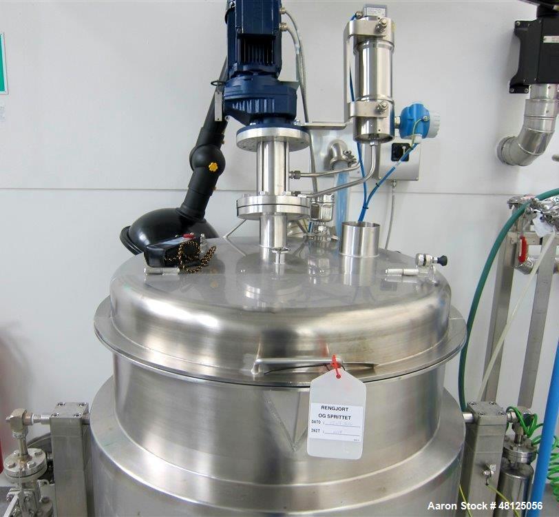Used 300 liter HM Rustfri kettle, stainless steel construction, jacketed for 2.7 bar(39 psi at 150 c, top entering .75 kw Ekato agitator, model FGL-25D, on 2 legs, serial# FS-1210B, built 2011.