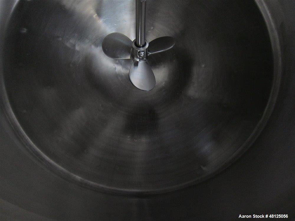 Used 300 liter HM Rustfri kettle, stainless steel construction, jacketed for 2.7 bar(39 psi at 150 c, top entering .75 kw Ekato agitator, model FGL-25D, on 2 legs, serial# FS-1210B, built 2011.