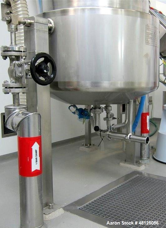 Used 300 liter HM Rustfri kettle, stainless steel construction, jacketed for 2.7 bar(39 psi at 150 c, top entering .75 kw Ekato agitator, model FGL-25D, on 2 legs, serial# FS-1210B, built 2011.