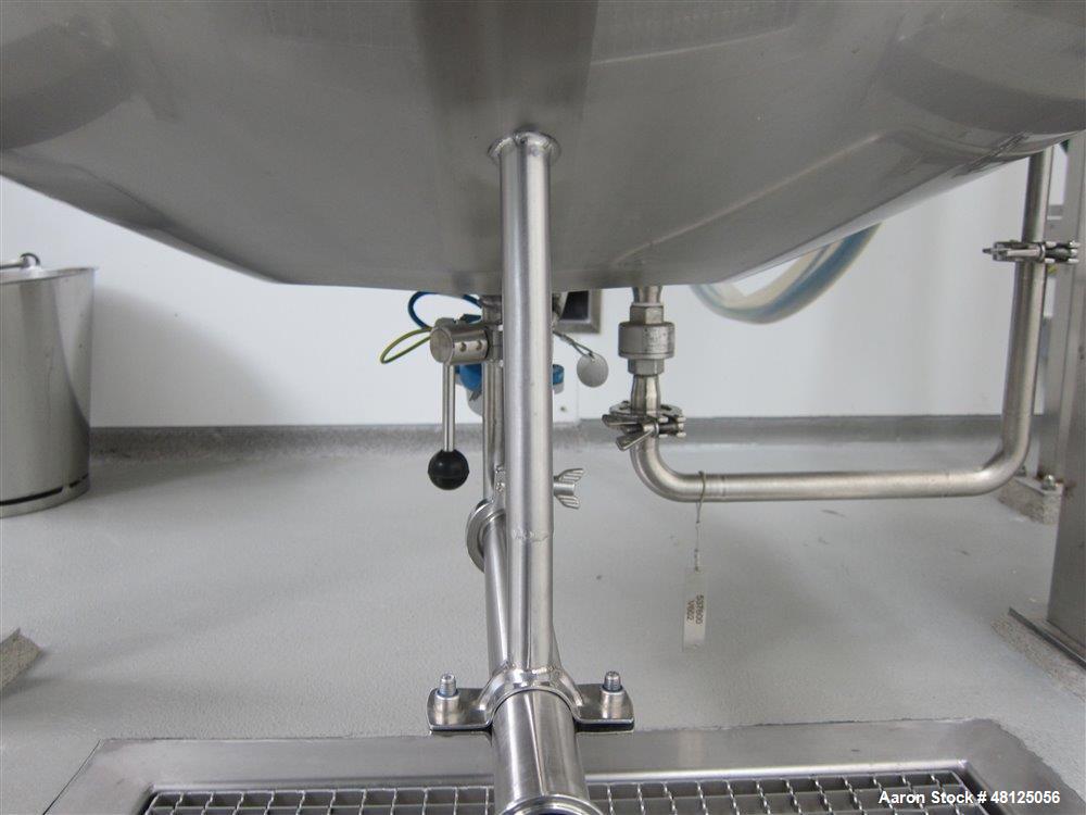 Used 300 liter HM Rustfri kettle, stainless steel construction, jacketed for 2.7 bar(39 psi at 150 c, top entering .75 kw Ekato agitator, model FGL-25D, on 2 legs, serial# FS-1210B, built 2011.