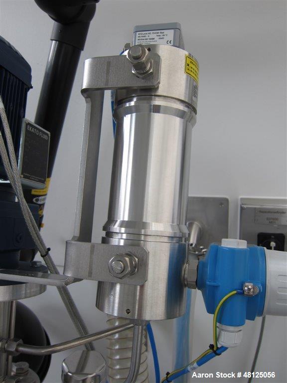 Used 300 liter HM Rustfri kettle, stainless steel construction, jacketed for 2.7 bar(39 psi at 150 c, top entering .75 kw Ekato agitator, model FGL-25D, on 2 legs, serial# FS-1210B, built 2011.