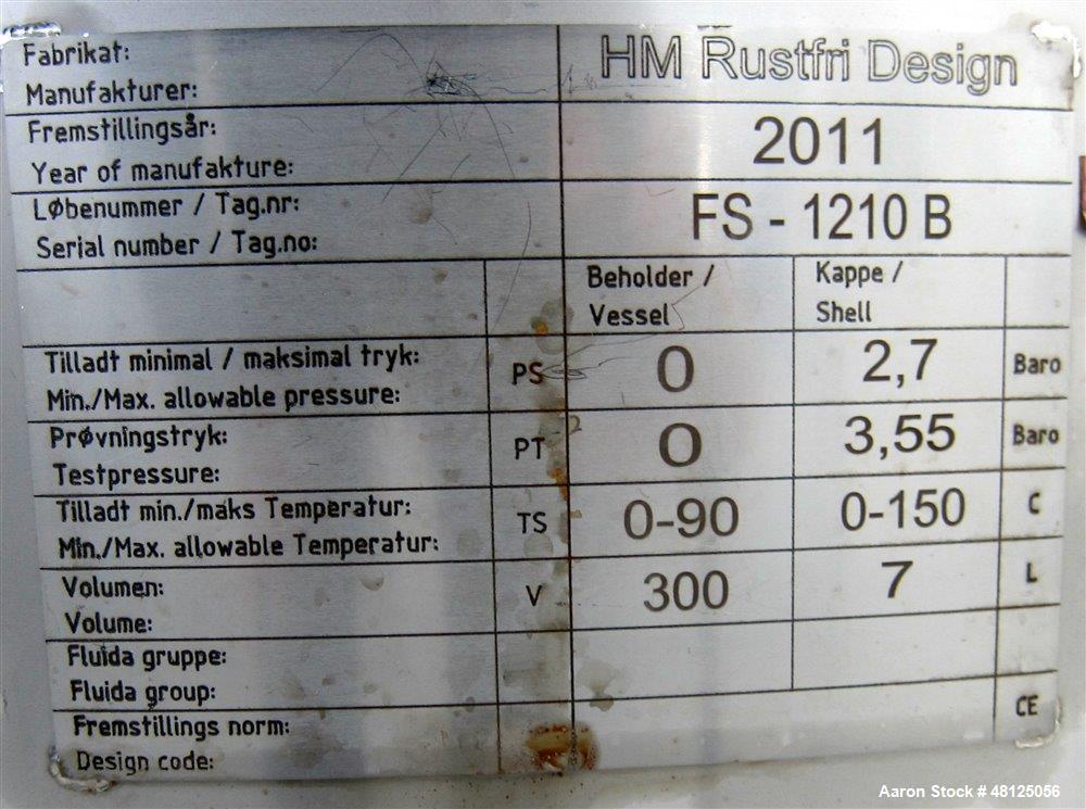 Used 300 liter HM Rustfri kettle, stainless steel construction, jacketed for 2.7 bar(39 psi at 150 c, top entering .75 kw Ekato agitator, model FGL-25D, on 2 legs, serial# FS-1210B, built 2011.