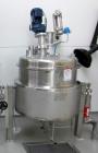 Used 300 liter HM Rustfri kettle, stainless steel construction, jacketed for 2.7 bar(39 psi at 150 c, top entering .75 kw Ekato agitator, model FGL-25D, on 2 legs, serial# FS-1210A, built 2011.