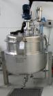 Used 300 liter HM Rustfri kettle, stainless steel construction, jacketed for 2.7 bar(39 psi at 150 c, top entering .75 kw Ekato agitator, model FGL-25D, on 2 legs, serial# FS-1210B, built 2011.