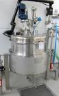 Used 300 liter HM Rustfri kettle, stainless steel construction, jacketed for 2.7 bar(39 psi at 150 c, top entering .75 kw Ekato agitator, model FGL-25D, on 2 legs, serial# FS-1210B, built 2011.