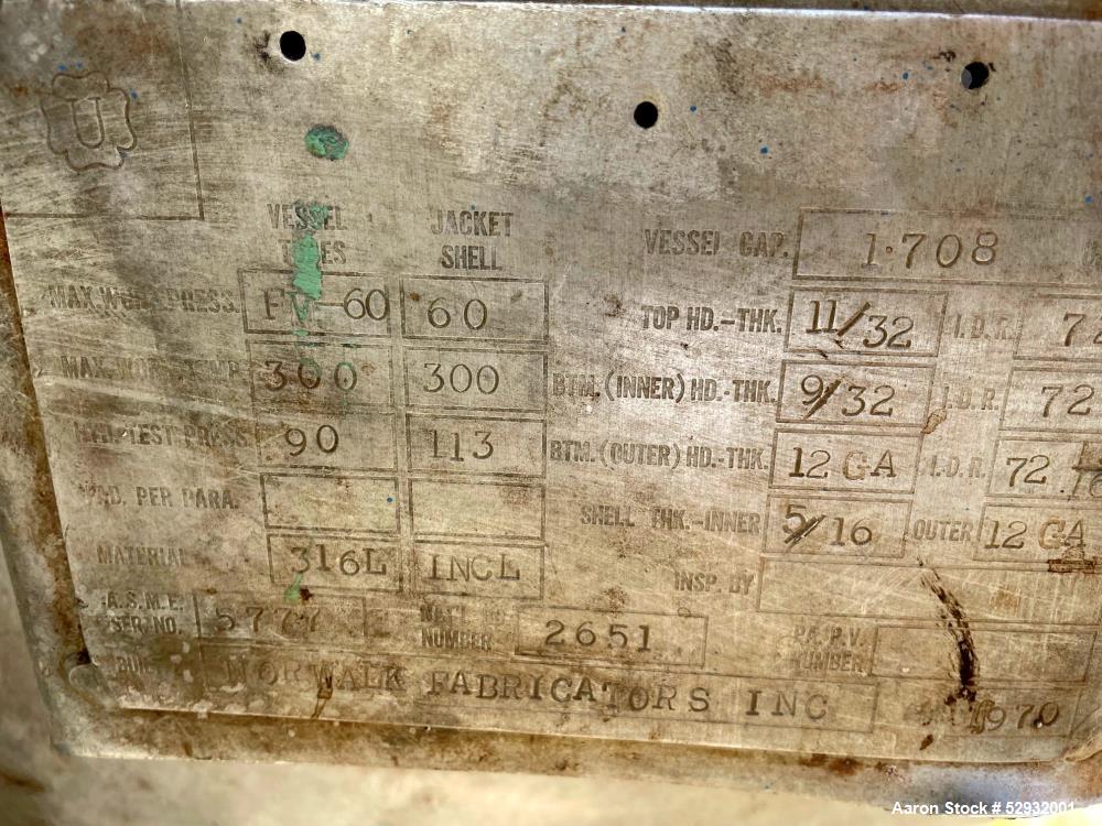 Used Norwalk Fabricators Inc Agitated Reactor, Approximately 1,700 Gallons, 316L Stainless Steel, Vertical. Approximate 6' diameter x 7' straight side. Dished top and bottom. Internal rated 60 psi / ...