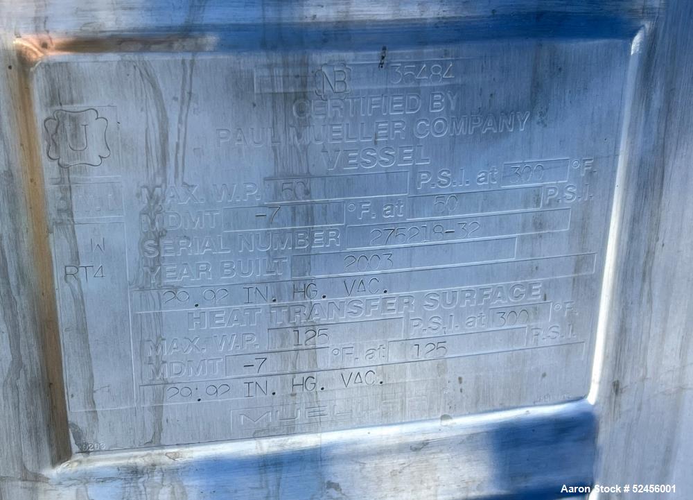 Used Mueller 2,641 Gallon (10,000 Liter) Reactor, Model F, 316L Stainless Steel, Vertical. 90" Diameter x 90" straight side, dished top and bottom. Internal rated 50 psi/Full Vacuum at -7 to 300 degr...
