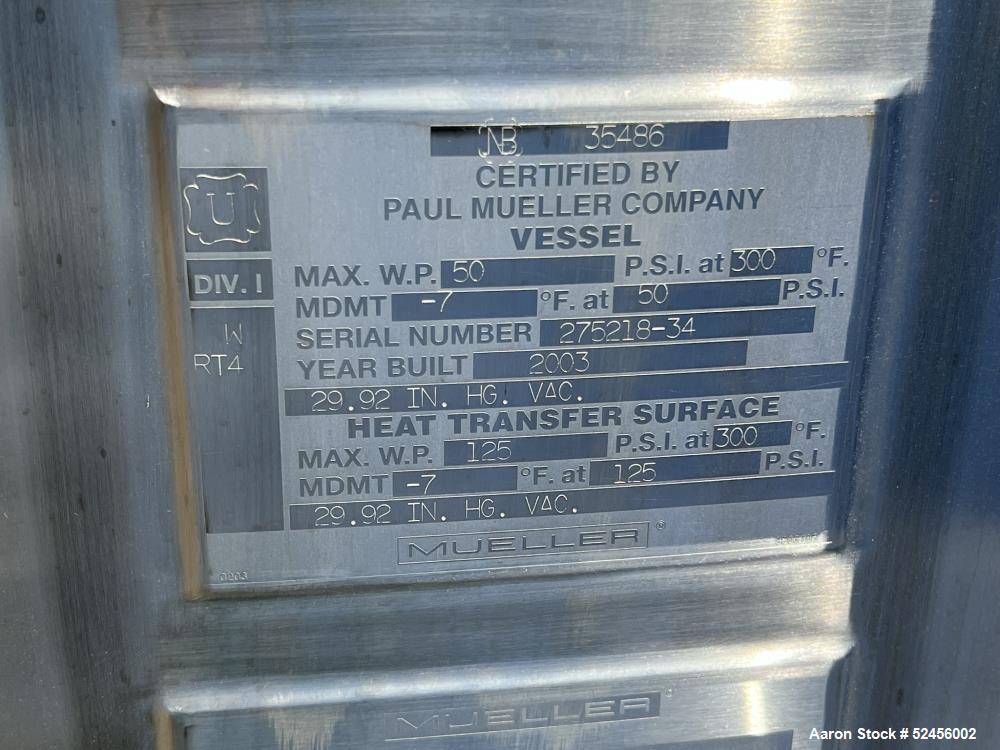 Used Mueller Reactor, 2,641 Gallon (10,000 Liter), Model F, 316L Stainless Steel, Vertical. 90" Diameter x 90" straight side, dished top and bottom. Internal rated 50 psi/Full Vacuum at -7 to 300 deg...