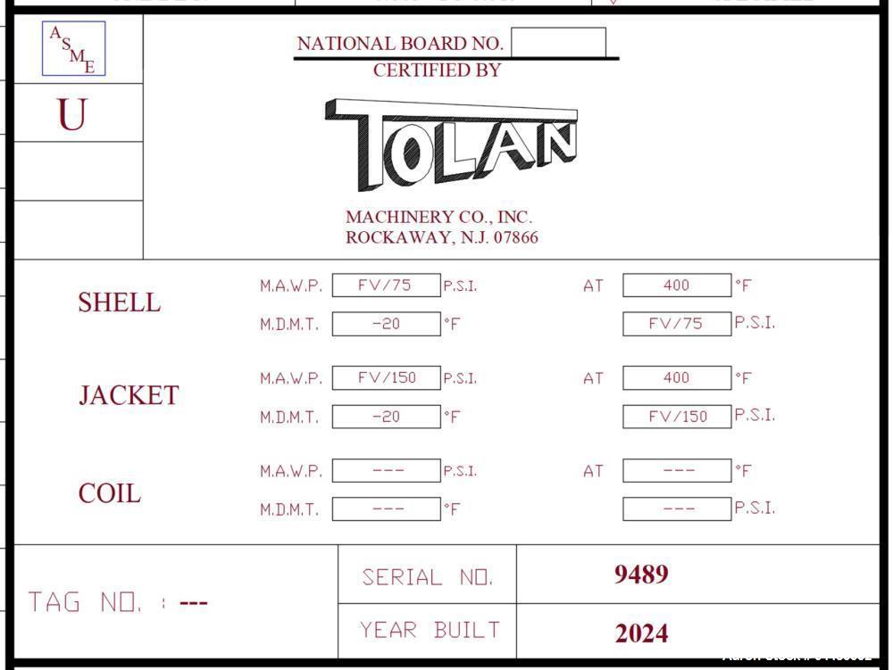 Unused Tolan Machinery 1,150 Gallon 316L Stainless Steel Reactor | FV/75 PSI Jacketed Vessel