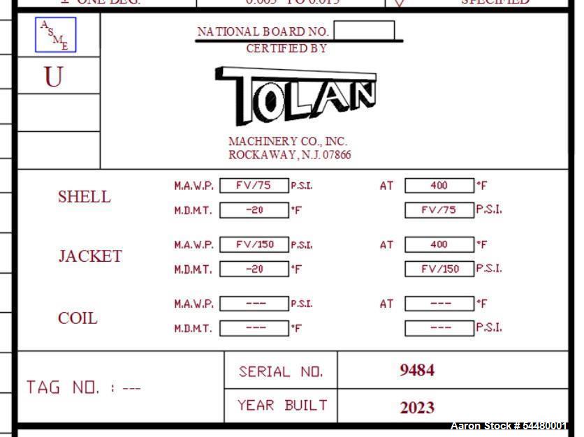 Unused Tolan Machinery 1,400 Gallon 316L Stainless Steel Reactor | FV/75 PSI Jacketed Vessel