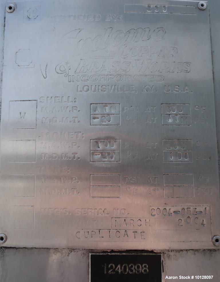 Used Vendome 1,400 Gallon Stainless Steel Processor | Dual Agitation | Jacketed | 100 PSI |