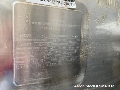 Used-Walker 2000 Gallon AL6XN Stainless Steel Vertical Jacketed Tank