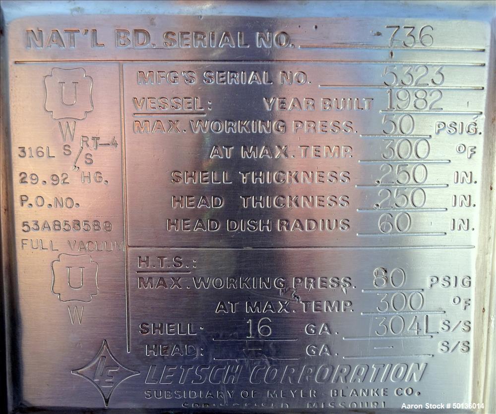 Used Letsch Reactor, Approximate 650 Gallon, 316L Stainless Steel
