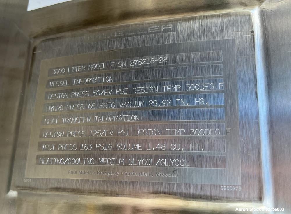 Used Mueller Reactor, 792 Gallon (3,000 Liter), Model F, 316L Stainless Steel, Vertical. 54" Diameter x 75" straight side, dished top and bottom. Internal rated 50/Full Vacuum psi at -7 to 300 degree...
