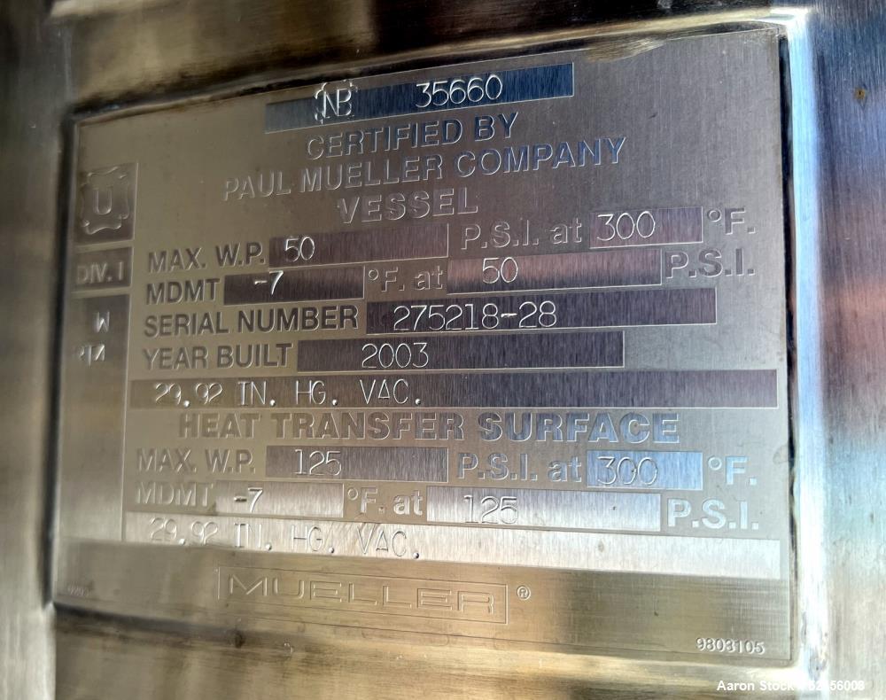 Used Mueller Reactor, 792 Gallon (3,000 Liter), Model F, 316L Stainless Steel, Vertical. 54" Diameter x 75" straight side, dished top and bottom. Internal rated 50/Full Vacuum psi at -7 to 300 degree...
