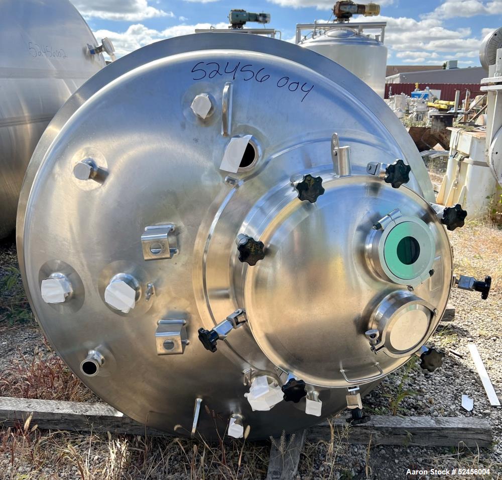 Used Mueller Jacketed Buffer Prep Tank, 792 Gallon (3,000 Liter), Model F, 316L Stainless Steel, Vertical. 54" Diameter x 75" straight side, dished top and bottom. Internal rated 50/Full Vacuum psi a...