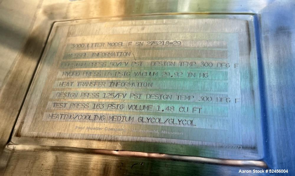 Used Mueller Jacketed Buffer Prep Tank, 792 Gallon (3,000 Liter), Model F, 316L Stainless Steel, Vertical. 54" Diameter x 75" straight side, dished top and bottom. Internal rated 50/Full Vacuum psi a...