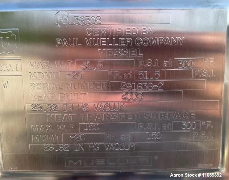 Used Mueller 2,500 Liter (660 Gallon) 316L Sanitary Jacketed Reactor/Fermenter – 51.5 PSI / FV, Inconel Jacket