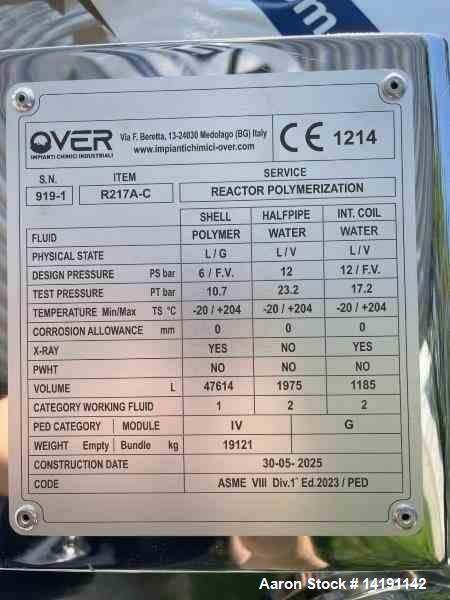 Unused 12,500-Gallon 316L Stainless Steel Reactor by Over