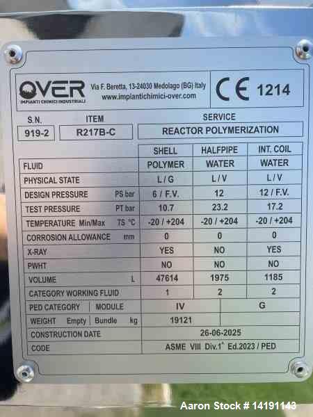 Sanitary 316L Stainless Steel Reactor – 12,500-Gallon Capacity with Jacket and Coil