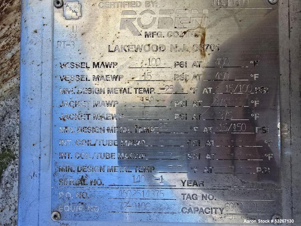 Used Roben Mfg 6,000 Gallon 304 Stainless Steel Jacketed Reactor – 100 PSI, Half-Pipe Coil (2015)