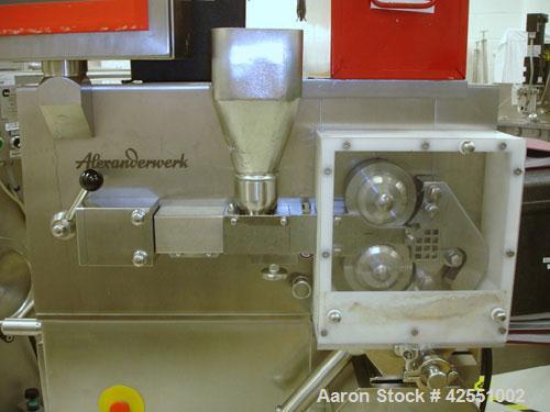 Used Alexanderwerk Roller Compactor, Model WP120V Pharma, Stainless Steel. Horizontal screw feeder with pre-breaker, cantilevered rolls, flake crusher, pre-granulator and fine granulator attachments,...