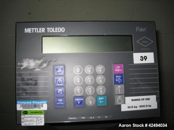 Used Mettler-Toledo Floor Scale, Model PUMA, 1000 kg x 0.01 capacity, 36" x 36" platform, with ramps and wheels, 120V, XP, serial # 5300921-5FD.  NOTE: PRICE INCLUDES A 15% BUYERS PREMIUM.