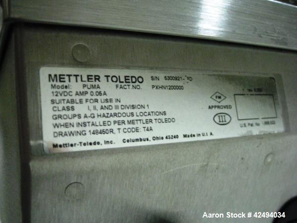 Used Mettler-Toledo Floor Scale, Model PUMA, 1000 kg x 0.01 capacity, 36" x 36" platform, with ramps and wheels, 120V, XP, serial # 5300921-5FD.  NOTE: PRICE INCLUDES A 15% BUYERS PREMIUM.