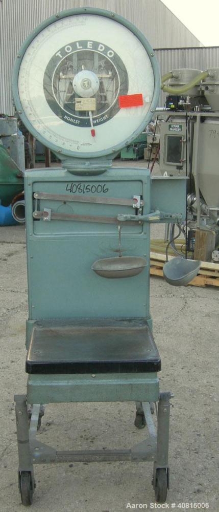 Used Toledo Scale, Model 2081. 125 pound capacity. 20'' x 20'' platform. Mounted on a cart with casters.