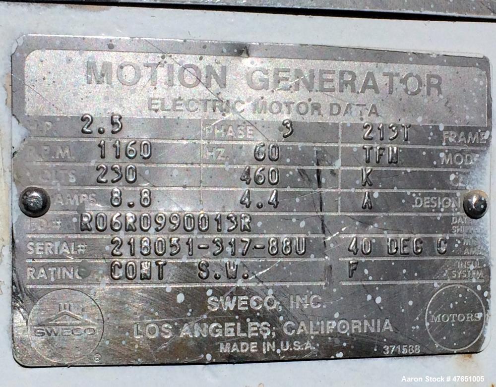 Used Sweco 60" Screener Parts, Model SS60S. Consisting Of: (1) Carbon steel lower table, base weldment, 2.5hp, 3/60/230/460 volt, 1160 rpm Sweco motor, and a top motor weight. Serial# DL6881200.