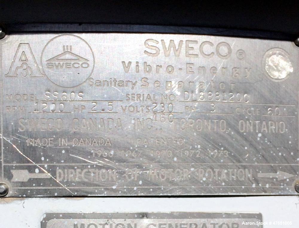 Used Sweco 60" Screener Parts, Model SS60S. Consisting Of: (1) Carbon steel lower table, base weldment, 2.5hp, 3/60/230/460 volt, 1160 rpm Sweco motor, and a top motor weight. Serial# DL6881200.