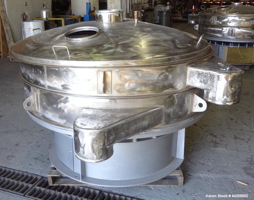 Used Sweco Screener, Model US72108, 316 Stainless Steel. Consisting of: (1) 72” Diameter deck, (1) top cover. Driven by a 5hp, 3/60/230/460 volt, 1200 rpm motor. Mounted on a carbon steel base. Missi...