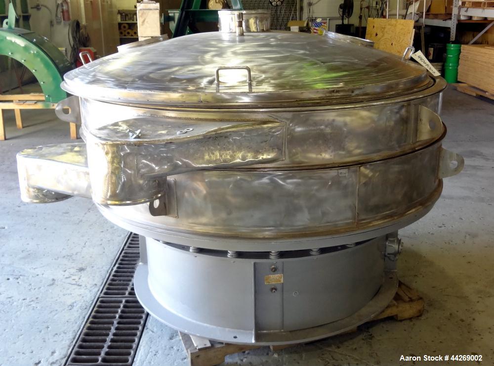 Used Sweco Screener, Model US72108, 316 Stainless Steel. Consisting of: (1) 72” Diameter deck, (1) top cover. Driven by a 5hp, 3/60/230/460 volt, 1200 rpm motor. Mounted on a carbon steel base. Missi...