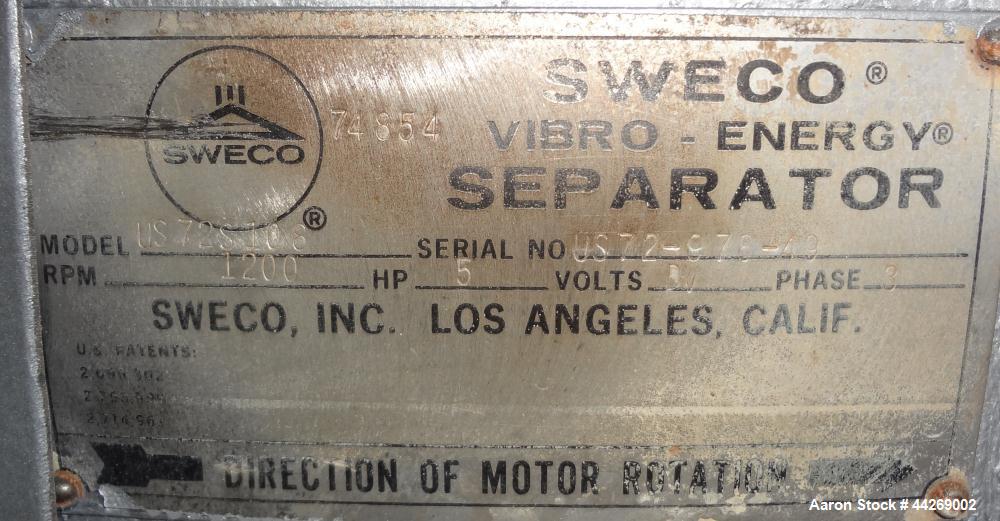 Used Sweco Screener, Model US72108, 316 Stainless Steel. Consisting of: (1) 72” Diameter deck, (1) top cover. Driven by a 5hp, 3/60/230/460 volt, 1200 rpm motor. Mounted on a carbon steel base. Missi...