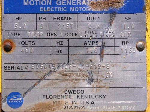 USED: Sweco motor. 5 hp, 3/60/460 volt, 1160 rpm, XP, serial #E05C49212F01F12S.