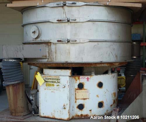 Used 60" Two Deck Stainless Steel Midwestern Gyra-Vib Shaker Separator Screener. 8" square outlet. 17" square inlet. 4.5' overall height with cover.