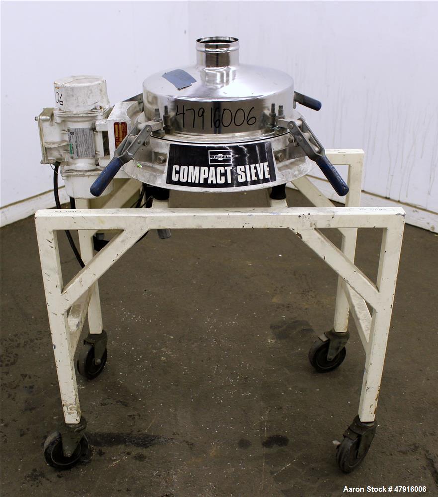 Used Russell Finex Compact Sieve, Model 27400, Stainless Steel. Approximate 14" diameter single deck. Clamp down top cover with 4" feed opening. 4" Center bottom discharge. Driven by a 0.23hp, 1/60/1...