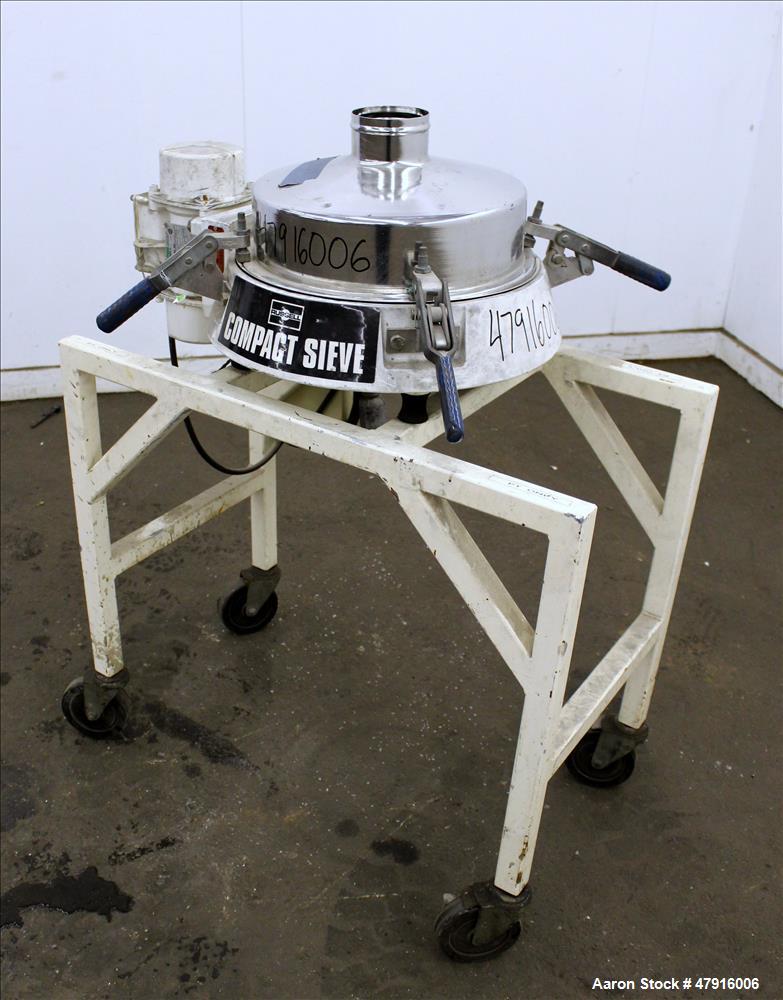 Used Russell Finex Compact Sieve, Model 27400, Stainless Steel. Approximate 14" diameter single deck. Clamp down top cover with 4" feed opening. 4" Center bottom discharge. Driven by a 0.23hp, 1/60/1...
