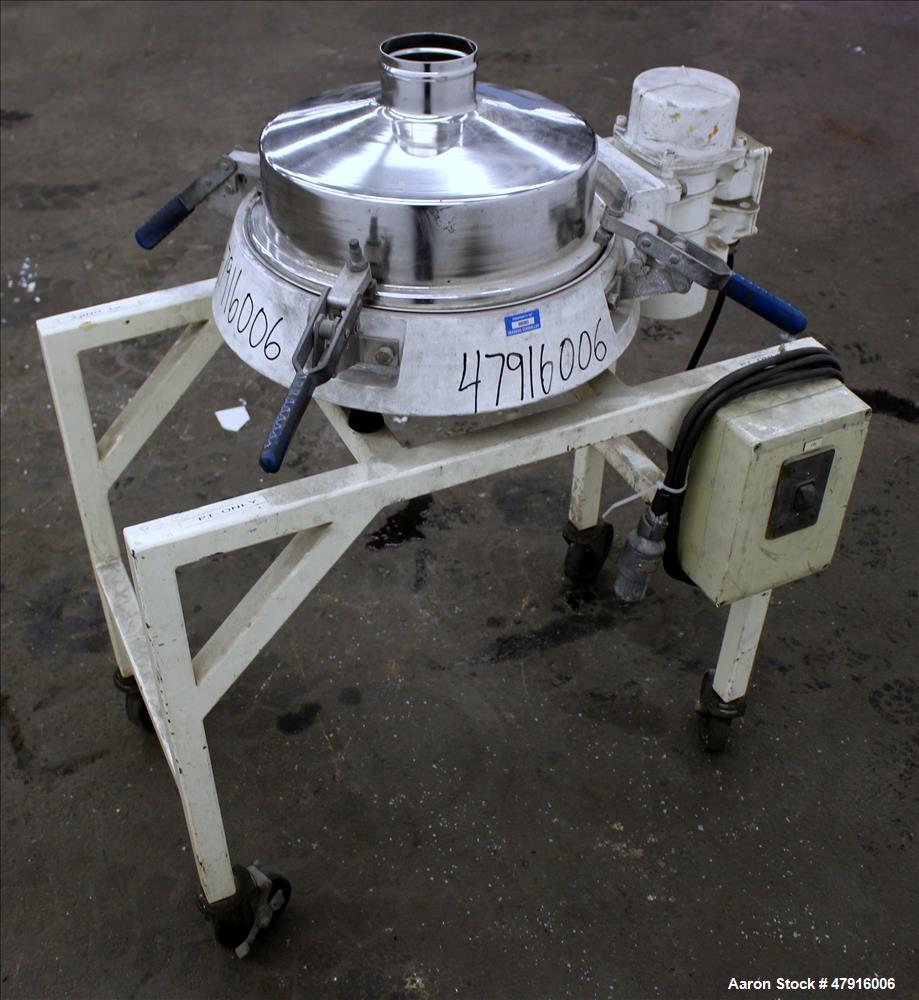 Used Russell Finex Compact Sieve, Model 27400, Stainless Steel. Approximate 14" diameter single deck. Clamp down top cover with 4" feed opening. 4" Center bottom discharge. Driven by a 0.23hp, 1/60/1...