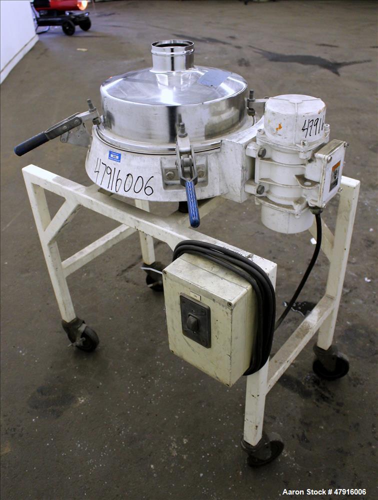 Used Russell Finex Compact Sieve, Model 27400, Stainless Steel. Approximate 14" diameter single deck. Clamp down top cover with 4" feed opening. 4" Center bottom discharge. Driven by a 0.23hp, 1/60/1...
