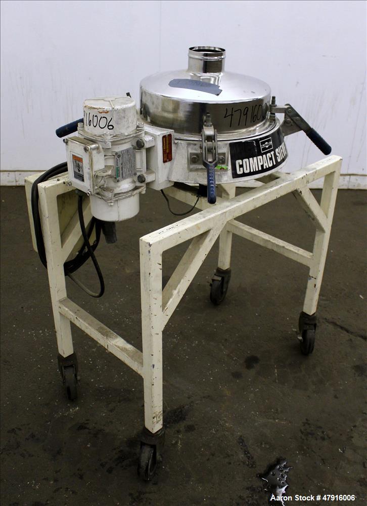 Used Russell Finex Compact Sieve, Model 27400, Stainless Steel. Approximate 14" diameter single deck. Clamp down top cover with 4" feed opening. 4" Center bottom discharge. Driven by a 0.23hp, 1/60/1...