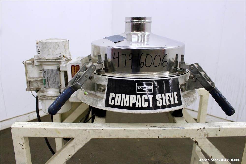 Used Russell Finex Compact Sieve, Model 27400, Stainless Steel. Approximate 14" diameter single deck. Clamp down top cover with 4" feed opening. 4" Center bottom discharge. Driven by a 0.23hp, 1/60/1...